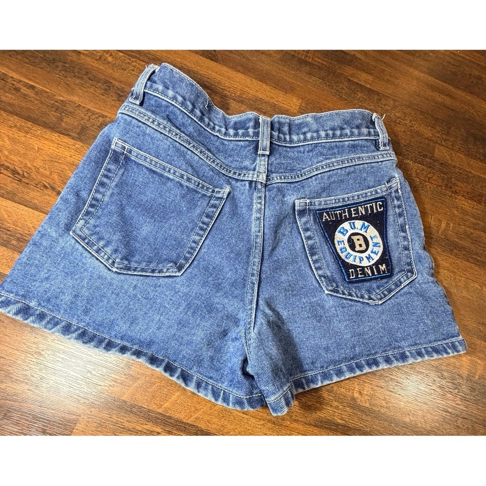 Vintage 1990s BUM equipment denim shorts with large logo patches. SZ 7 waist 28